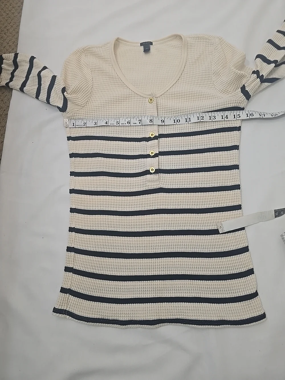 J. Crew White Long-Sleeve Waffle Henley‎ with Black Stripes